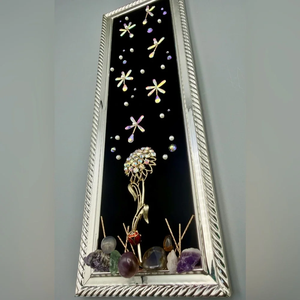 Handmade Vintage Dandelion Jewelry Art Rhinestone Flower Crystals Ladybug - Picture 7 of 7